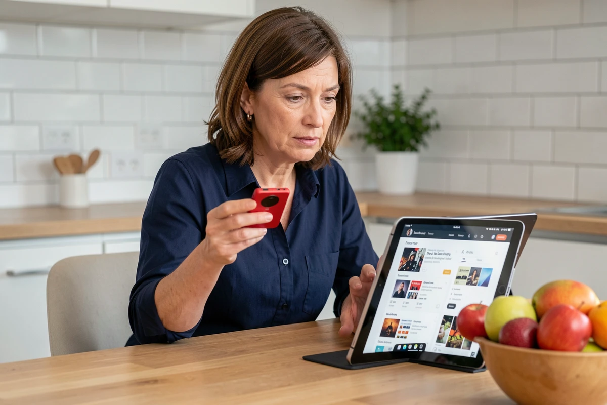 Femme téléchargeant de la musique sur un lecteur MP3 depuis une tablette dans sa cuisine