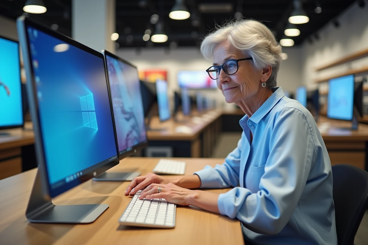 Femme âgée testant un ordinateur dans un magasin high-tech