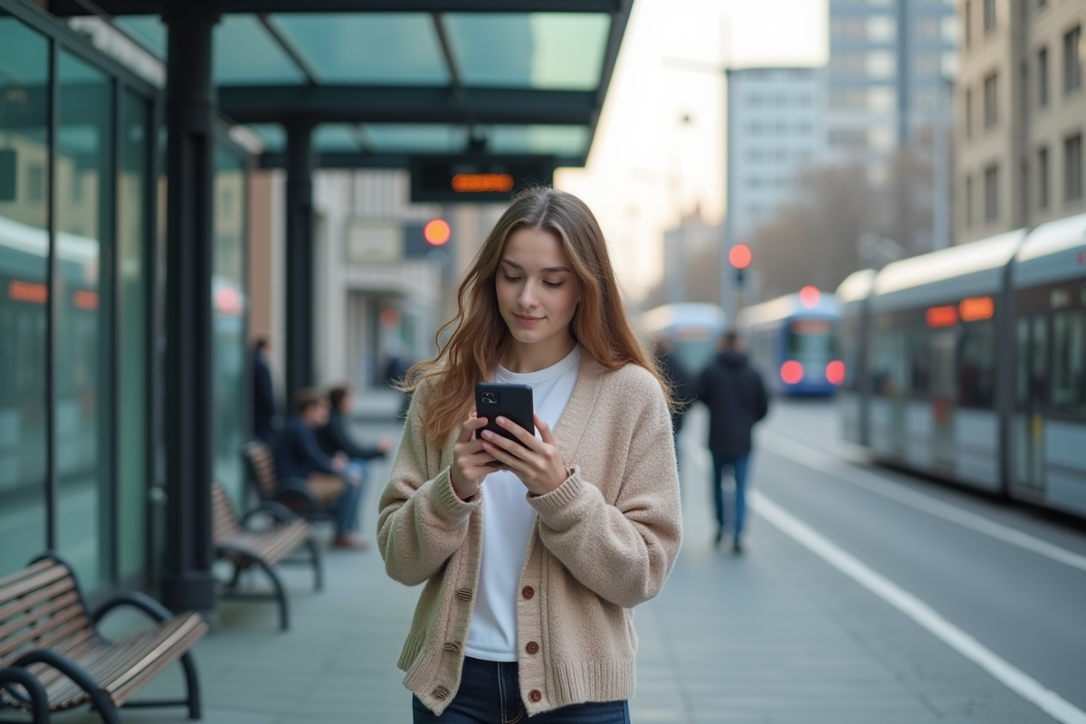 Jeune femme regardant son smartphone à un arrêt de tram urbain