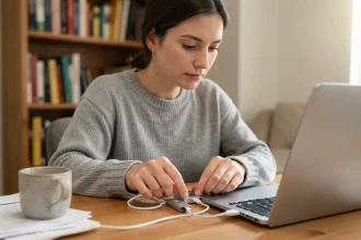 Femme connectant un lecteur MP3 à un ordinateur portable via câble USB pour télécharger de la musique