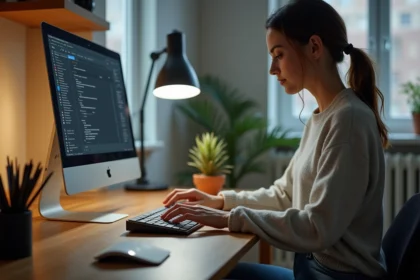 Jeune femme concentrée tapant sur un clavier avec touche # en gros plan
