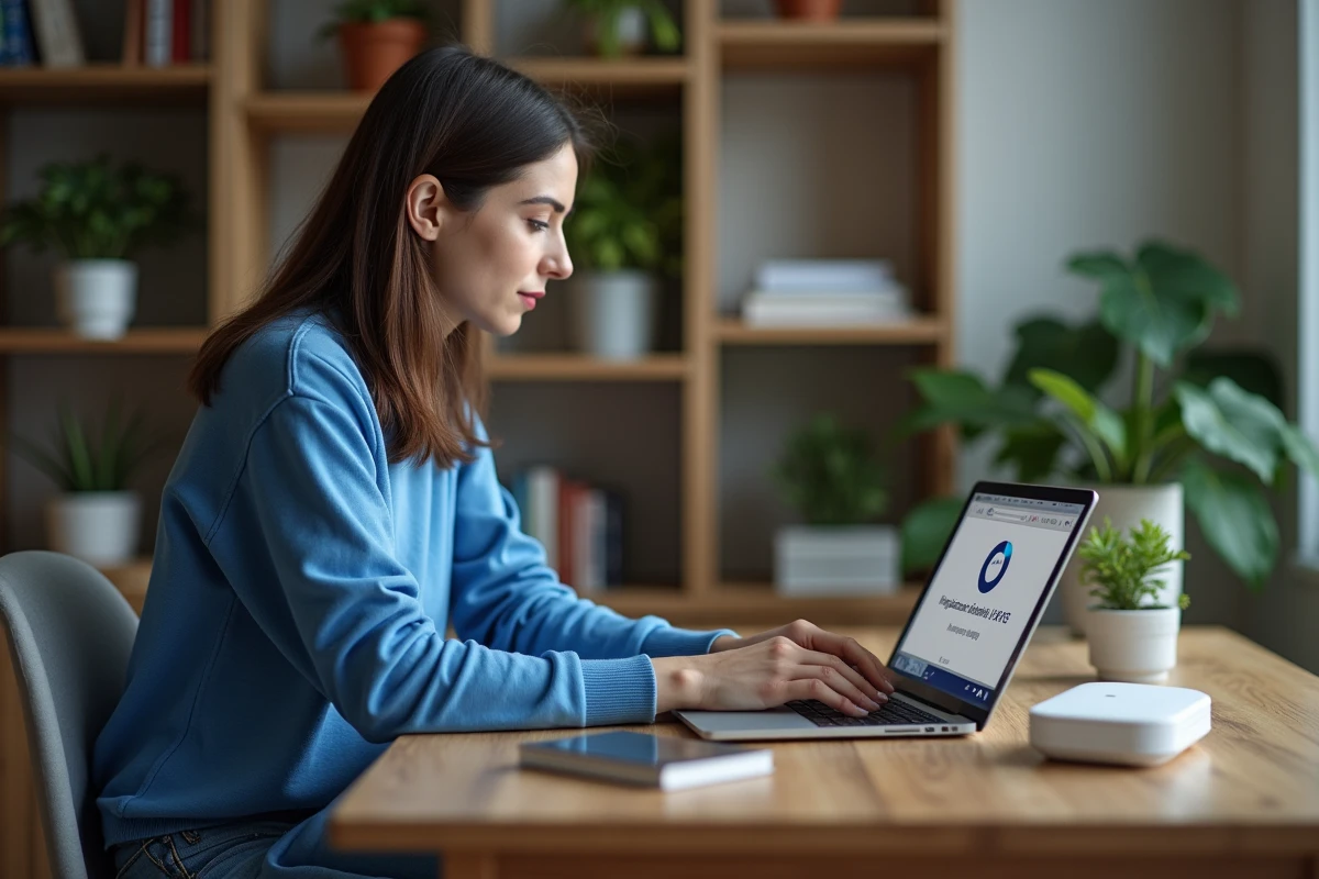 Femme concentrée travaillant sur son ordinateur portable à la maison