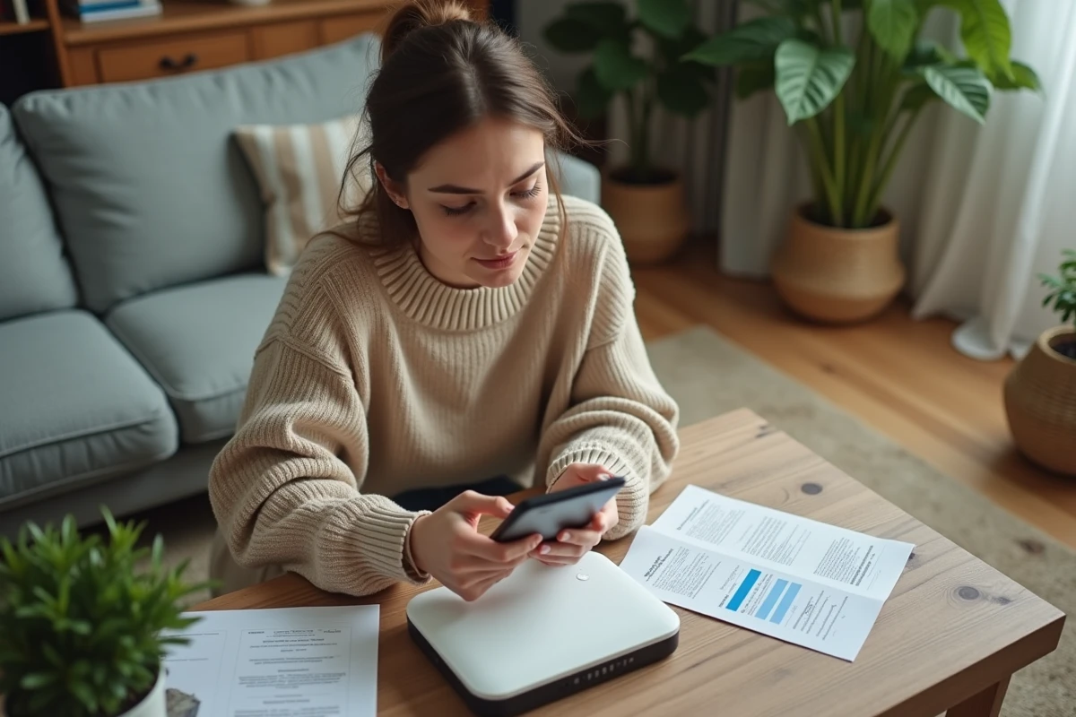 Femme examinant un routeur WiFi dans le salon