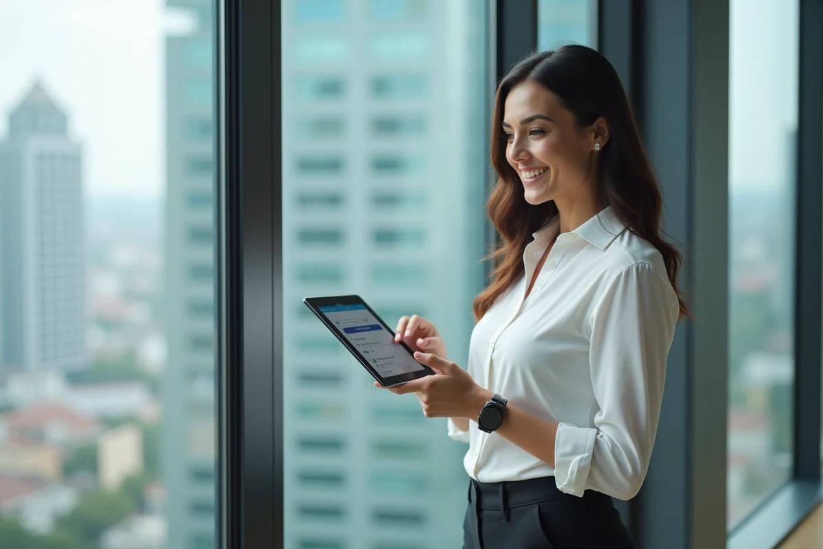 Femme souriante utilisant une tablette dans un bureau avec vue sur la ville