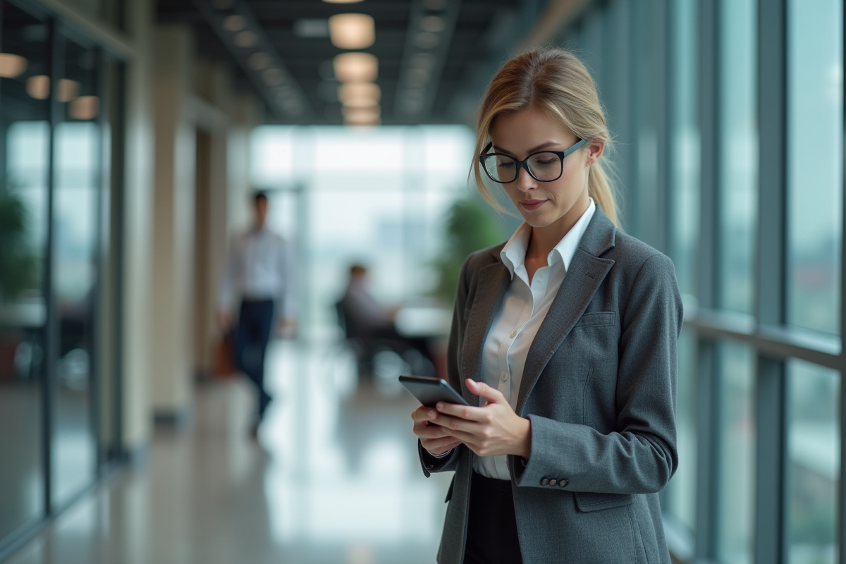 Femme vérifiant sa connexion VPN sur son smartphone dans un bureau