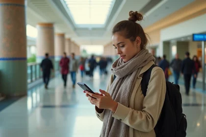 Jeune femme à l'aéroport marocain vérifiant son smartphone