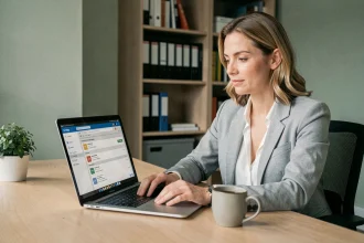 Femme professionnelle consultant son webmail sur un ordinateur portable dans un bureau moderne