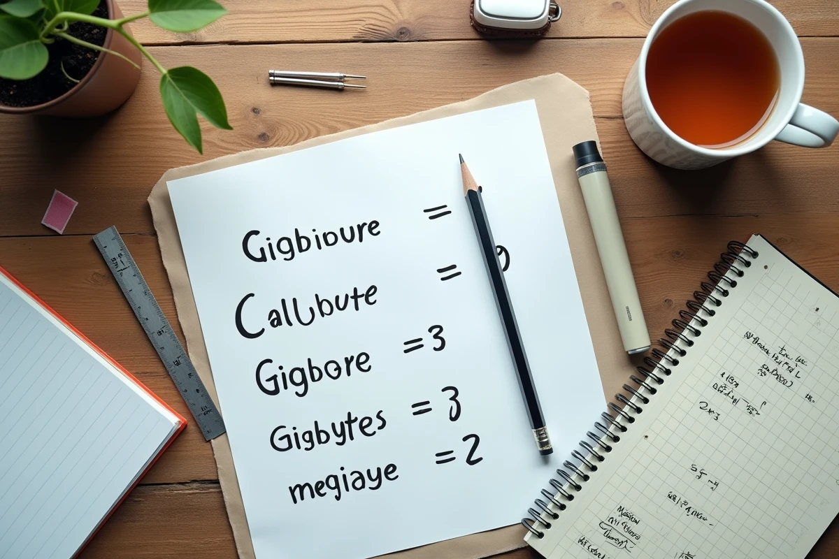 Flat lay d'un bureau avec une feuille de formules de conversion Go Mo et des fournitures de bureau