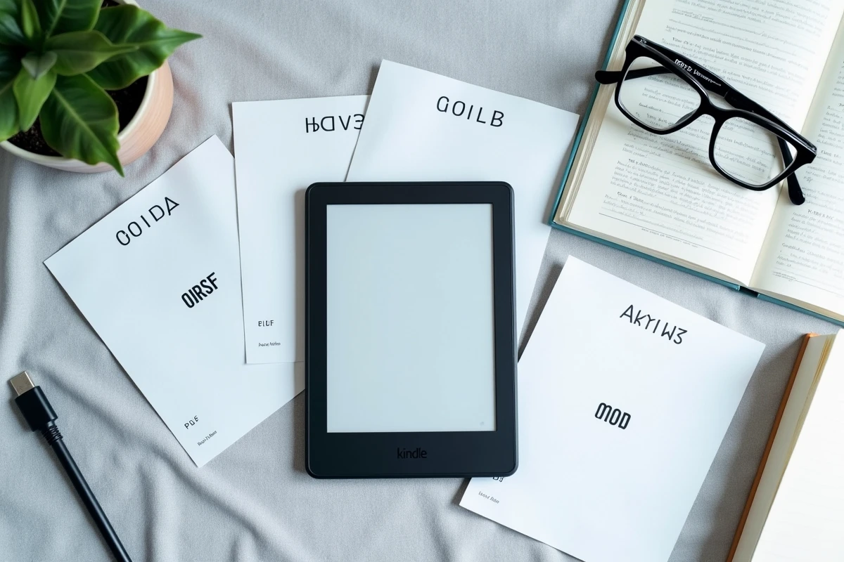 Vue de dessus d'une liseuse Kindle entourée de documents sur les formats de fichiers acceptés EPUB MOBI PDF AZW3