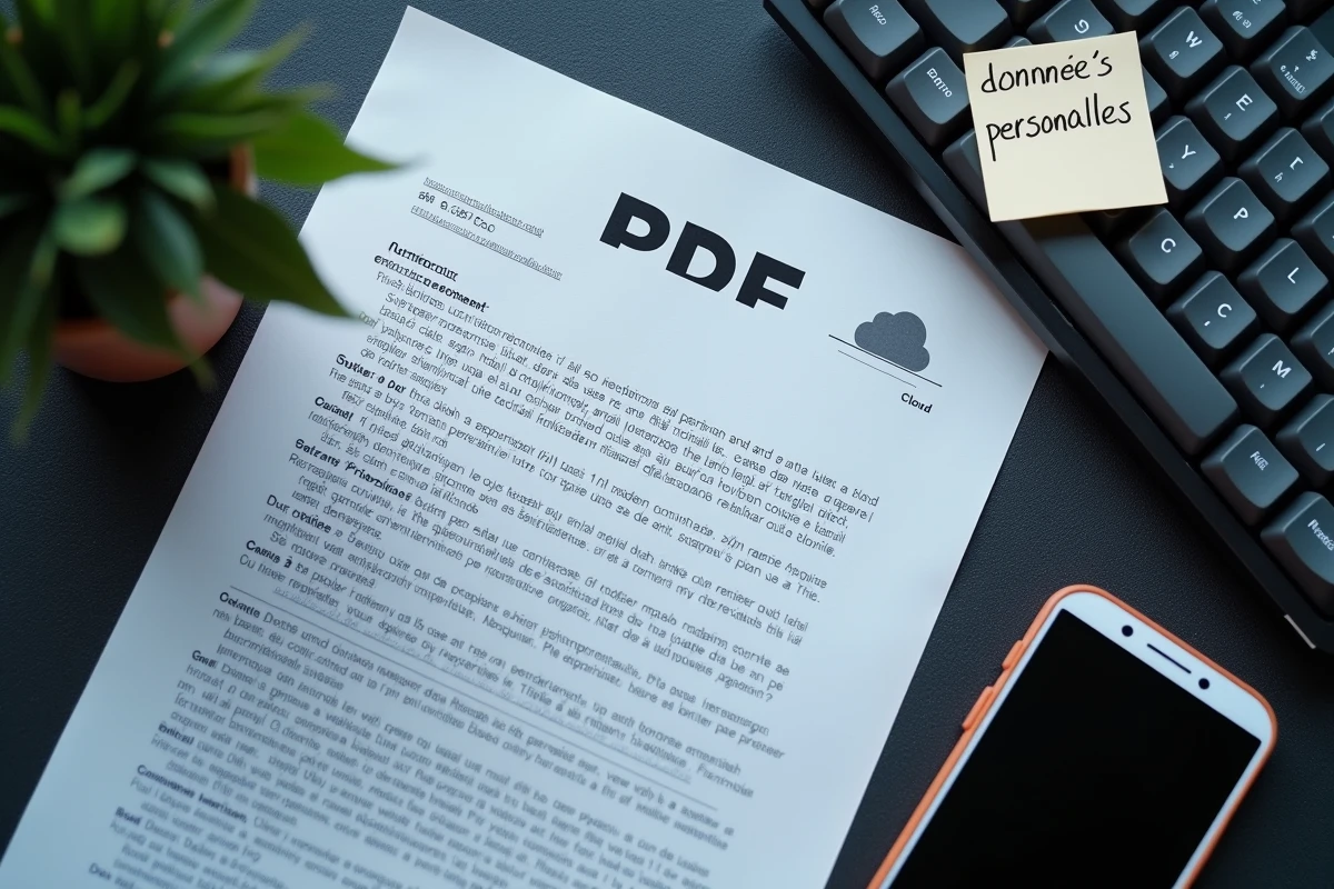 Vue de dessus d'un document PDF imprimé et d'un smartphone montrant le stockage cloud, évoquant la confidentialité des données après conversion