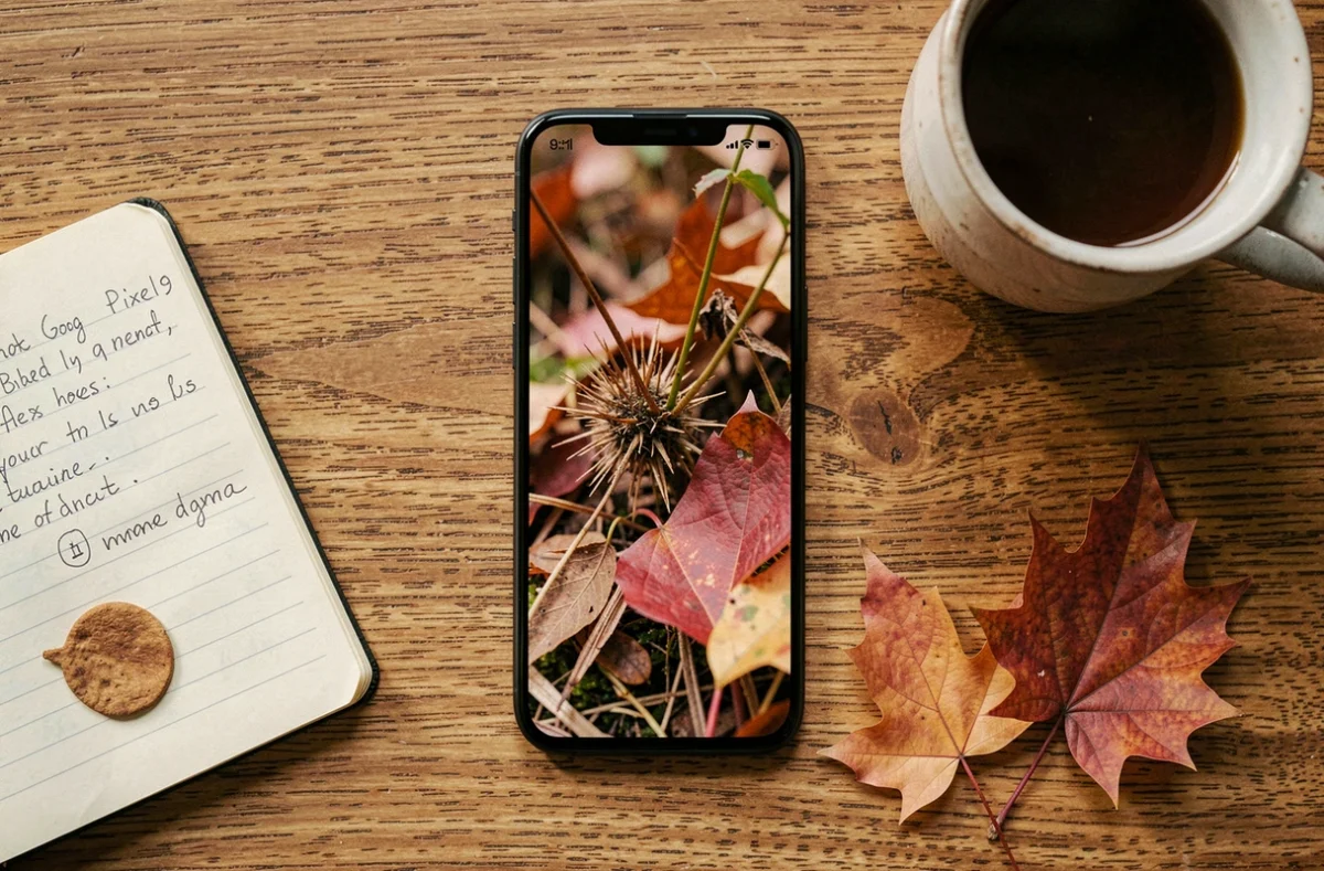 Flat-lay du Google Pixel 9 sur un bureau en bois affichant une photo macro, entouré d'accessoires lifestyle
