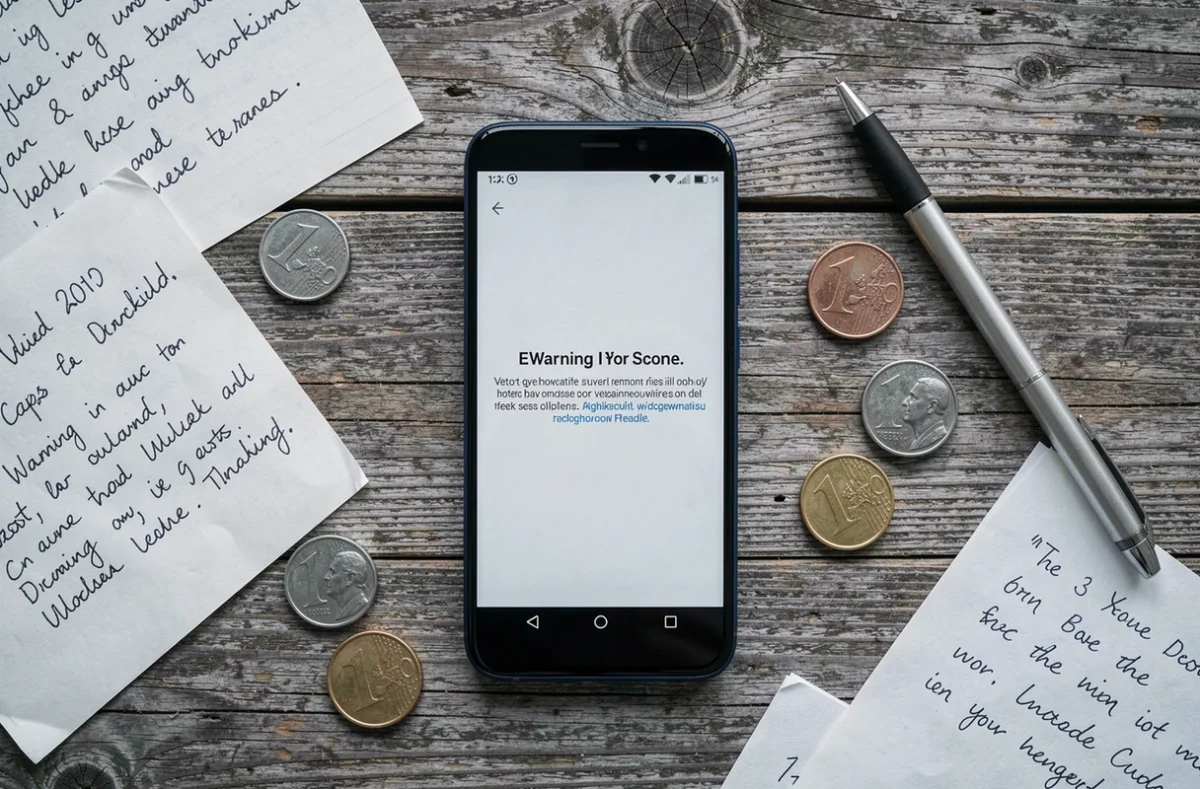 Vue de dessus d'un téléphone Android avec message d'erreur entouré de notes manuscrites et de pièces de monnaie, illustrant les arnaques de déblocage