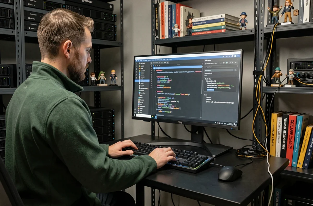 Développeur full-stack de Galadrim configurant un WordPress multisite dans un espace de travail technique organisé
