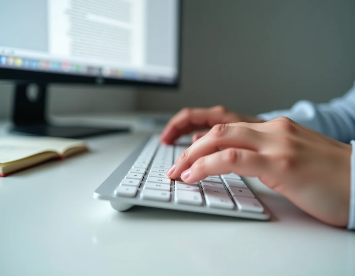 Gros plan de mains utilisant le raccourci clavier AltGr pour taper un accent espagnol sur un clavier QWERTY