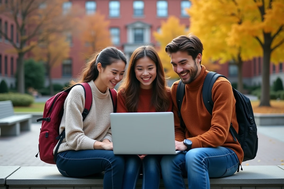 Groupe d'étudiants utilisant ensemble UHA e-Service sur un campus universitaire en automne