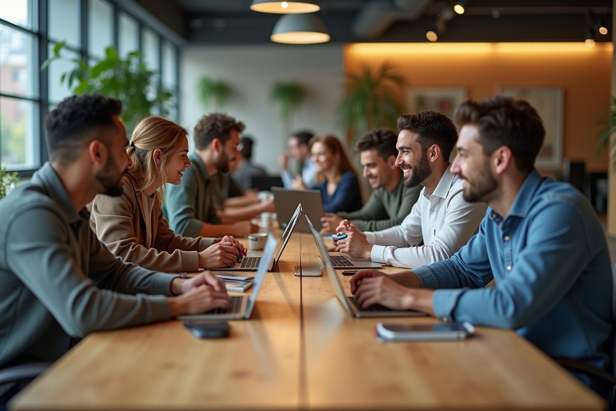 Groupe de jeunes adultes travaillant sur smartphones et laptops