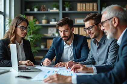 Groupe de professionnels collaborant autour d'un bureau moderne
