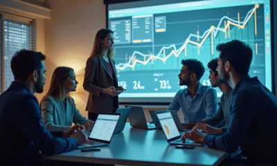 Groupe de personnes collaborant sur des données de vente en ligne dans un bureau moderne