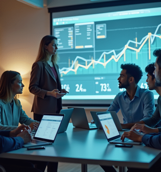Groupe de personnes collaborant sur des données de vente en ligne dans un bureau moderne