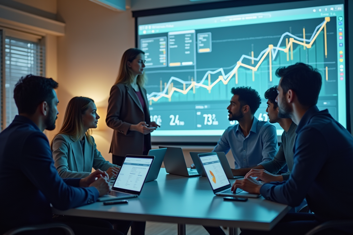 Groupe de personnes collaborant sur des données de vente en ligne dans un bureau moderne