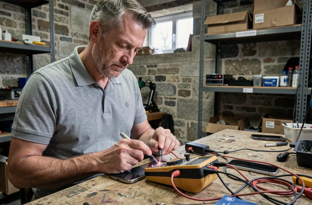 Technicien de GSM Armor à Pontivy utilisant un multimètre pour diagnostiquer un smartphone sur un établi d'atelier