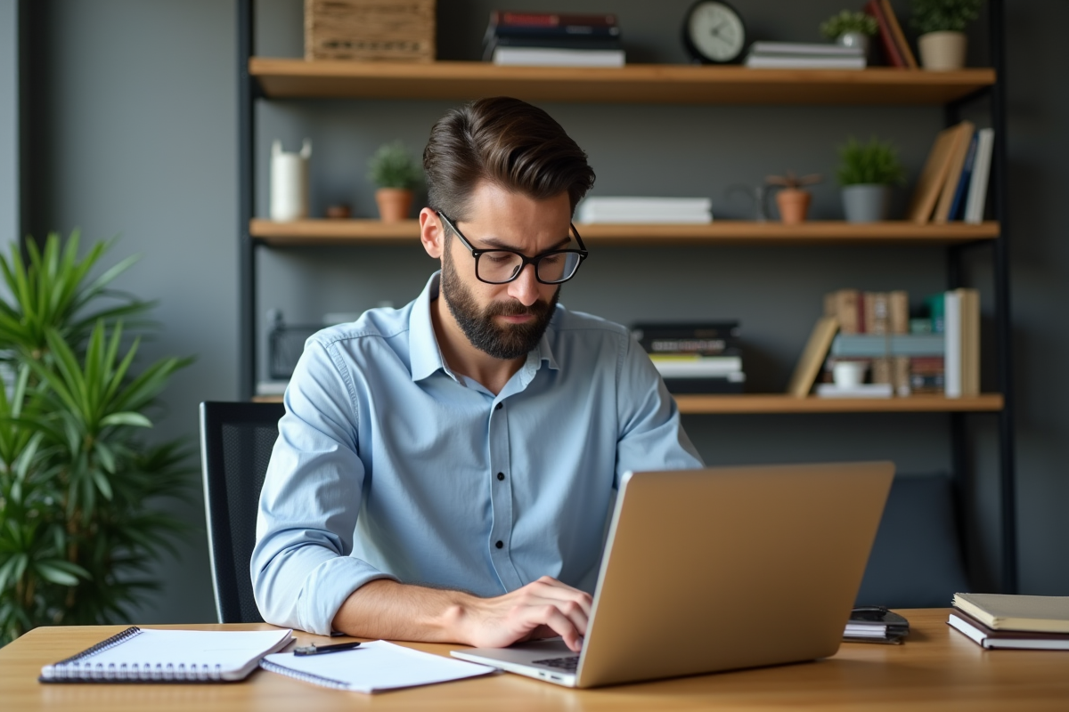 Homme d'affaires en bureau calculant ses coûts publicitaires