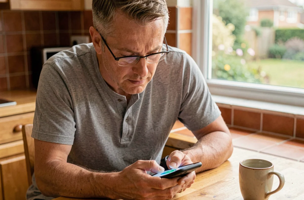 Homme d'âge mûr consultant les paramètres d'affichage de mot de passe sur son smartphone dans une cuisine moderne