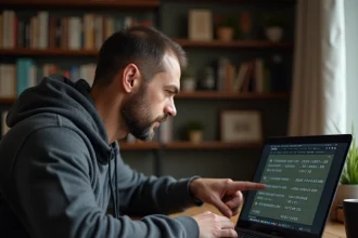 Homme concentré analysant une grille complexe de Démineur sur un ordinateur portable dans un bureau à domicile