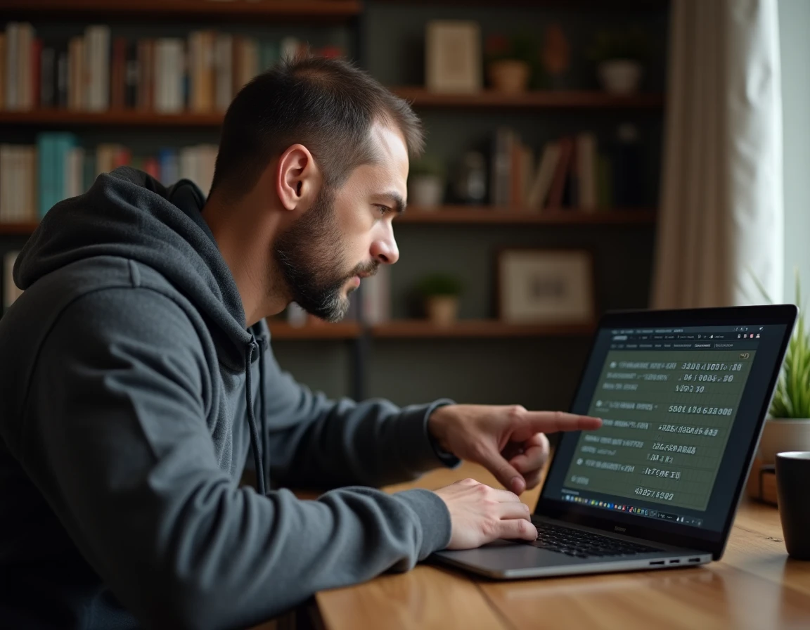 Homme concentré analysant une grille complexe de Démineur sur un ordinateur portable dans un bureau à domicile