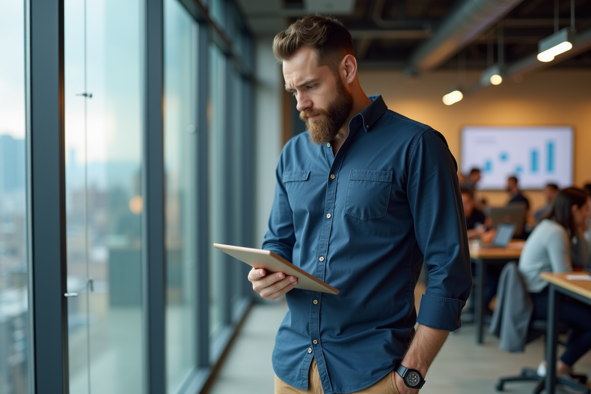 Homme avec tablette analysant des données SEO dans un espace de coworking