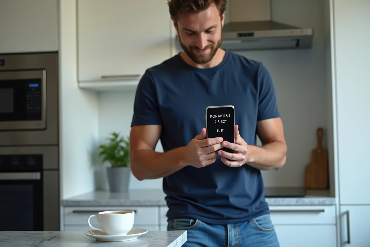 Homme consultant une application de conversion Go Mo sur smartphone dans une cuisine moderne
