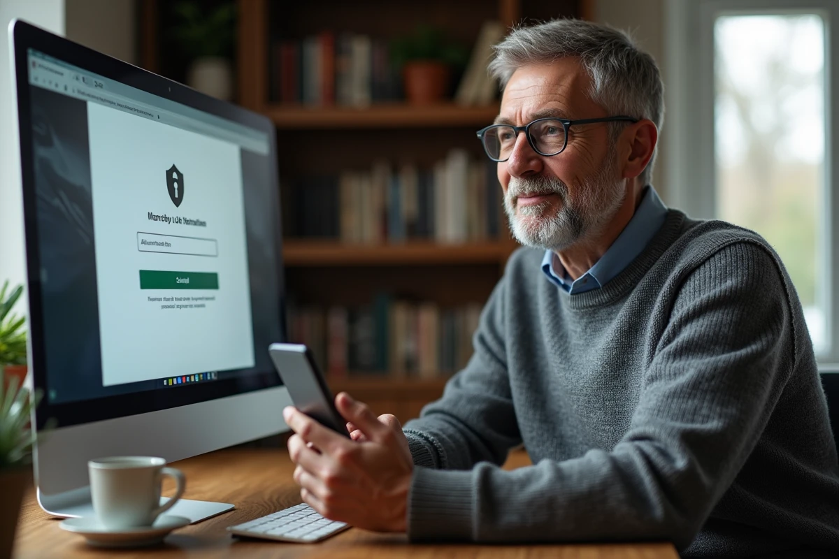 Homme vérifiant l'authentification à deux facteurs de son webmail depuis un bureau à domicile