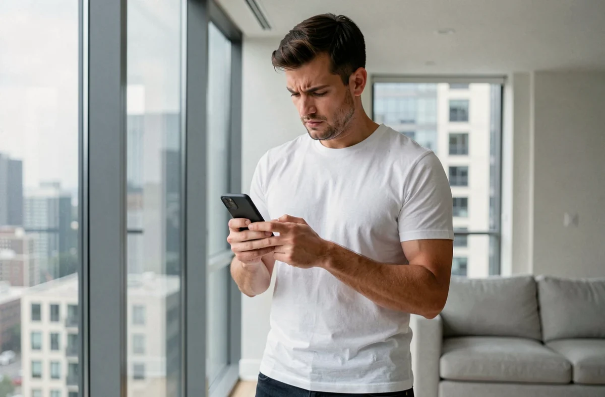 Homme consultant son smartphone avec une expression préoccupée face à un avertissement de sécurité Instagram