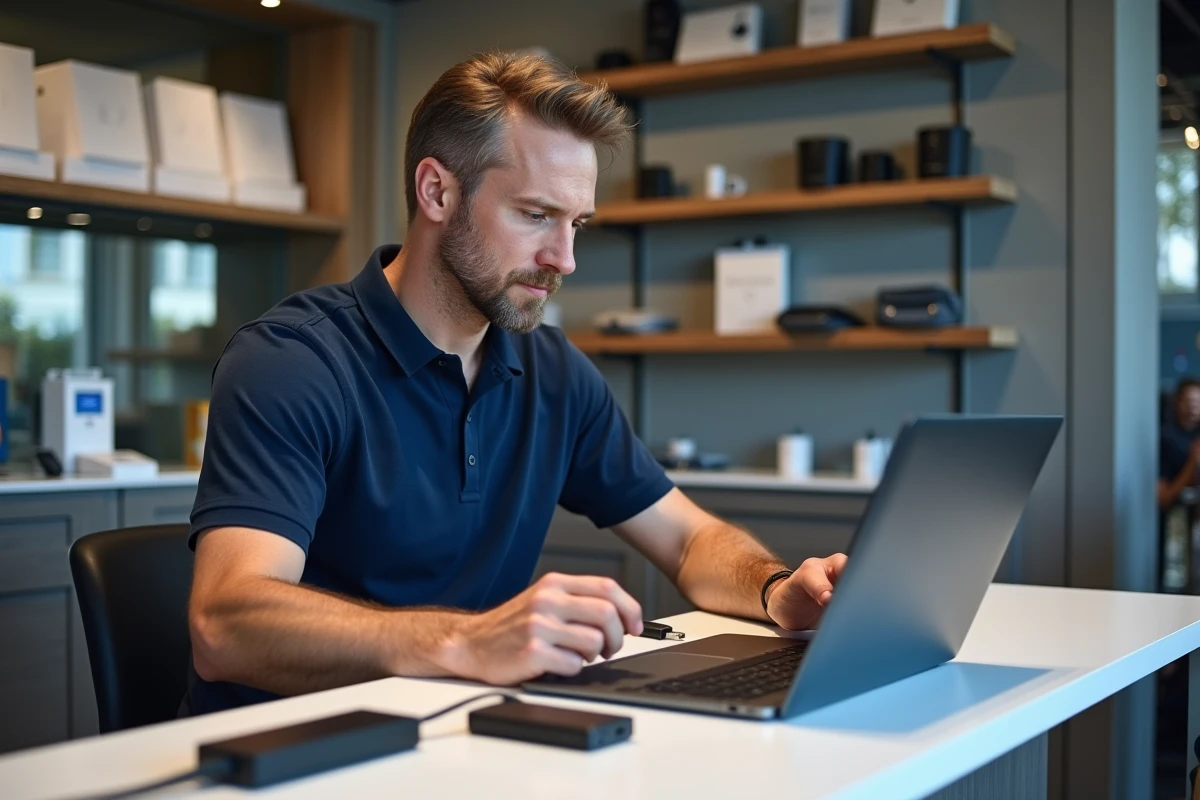 Homme branchant un câble USB Type-C sur un ordinateur portable dans un magasin d'électronique, entouré d'accessoires USB