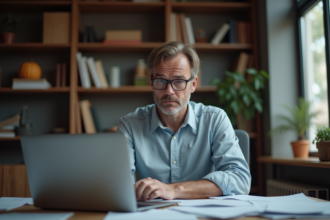 Homme concentré devant un message d'erreur sur son ordinateur