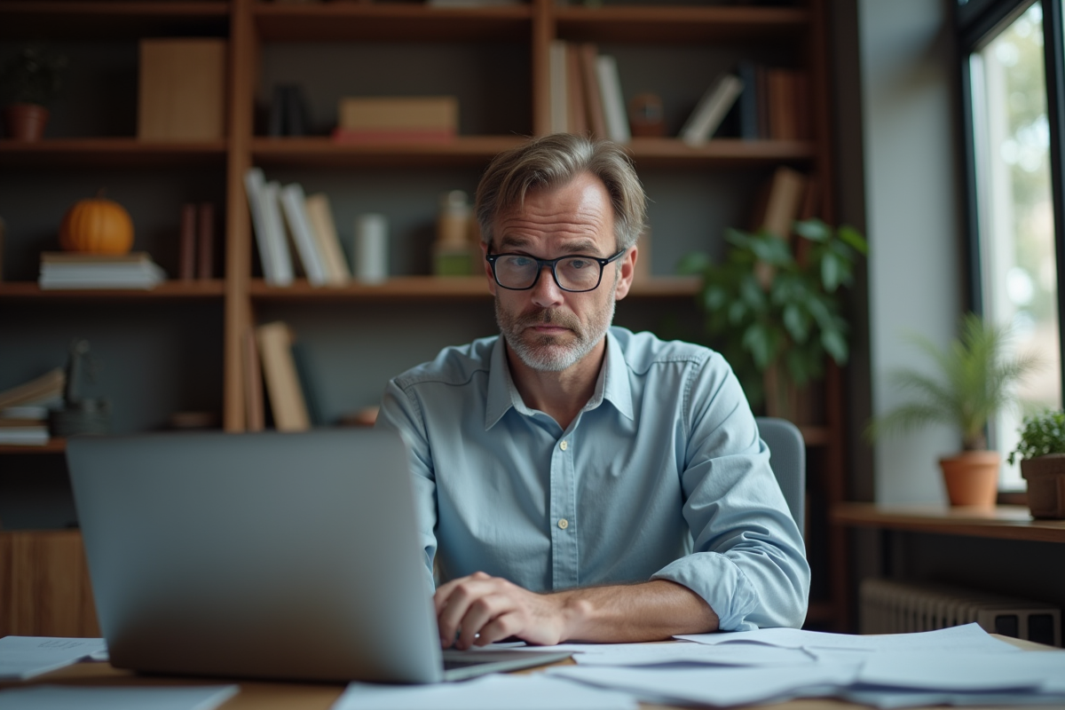 Homme concentré devant un message d'erreur sur son ordinateur
