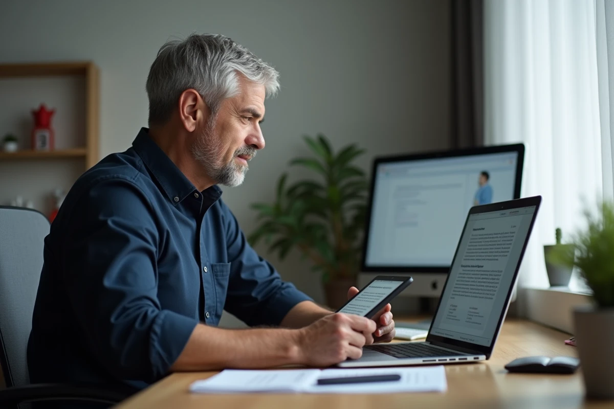Homme travaillant sur ordinateur portable et liseuse Kindle dans un bureau moderne, formats de fichiers acceptés par Kindle