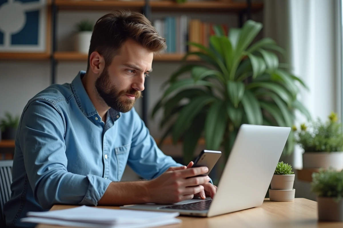Jeune homme au bureau avec ordinateur et smartphone