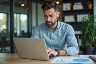 Homme d affaires au bureau analysant un test email