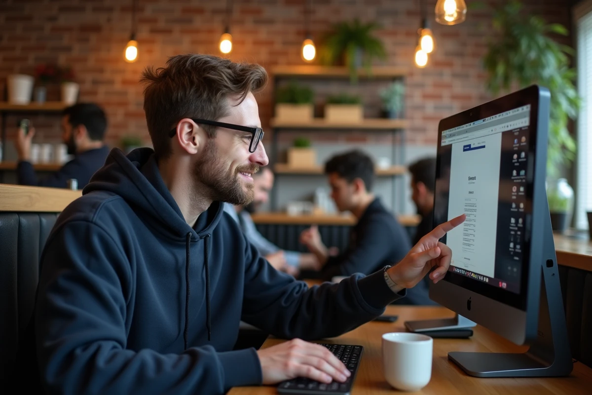 Homme dans un café montrant une page about:blank ouverte sur un navigateur web d'un ordinateur de bureau