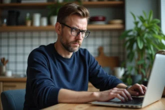 Homme d'âge moyen concentré sur son ordinateur à la maison
