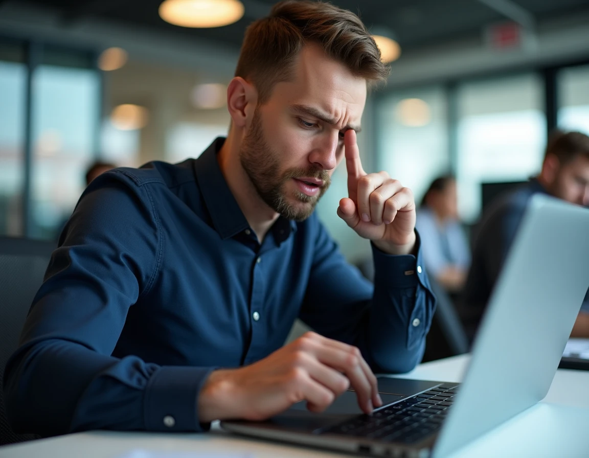 Homme en bureau moderne pointant une touche du clavier Chromebook pour trouver le signe arobase