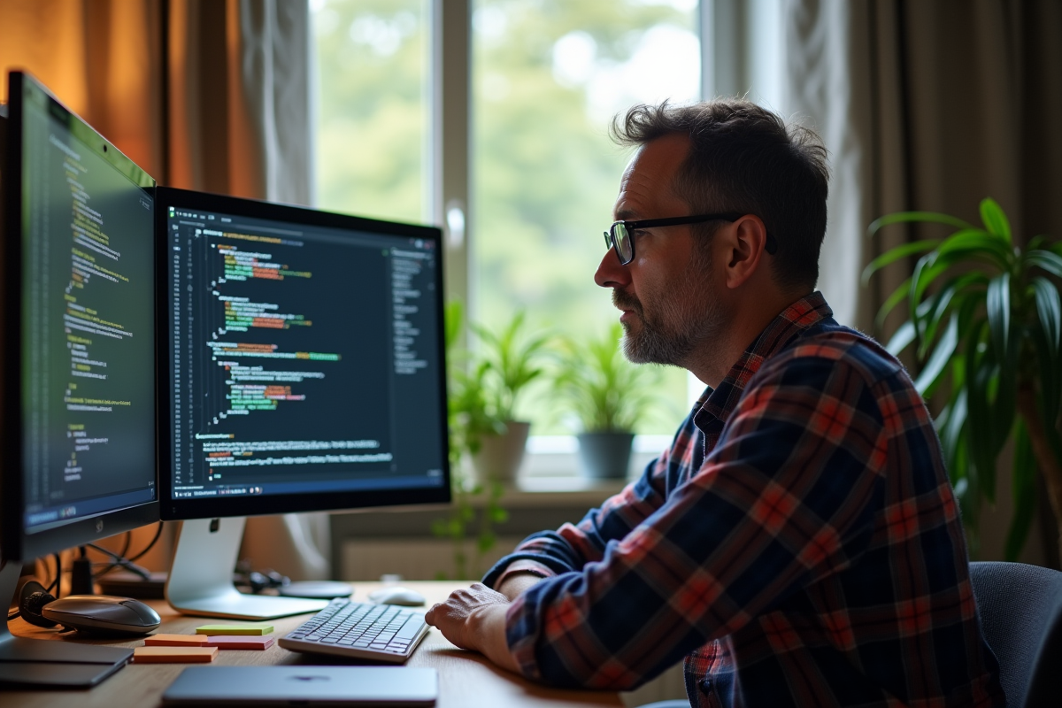 Homme français vérifiant des lignes de code dans un espace de travail cosy