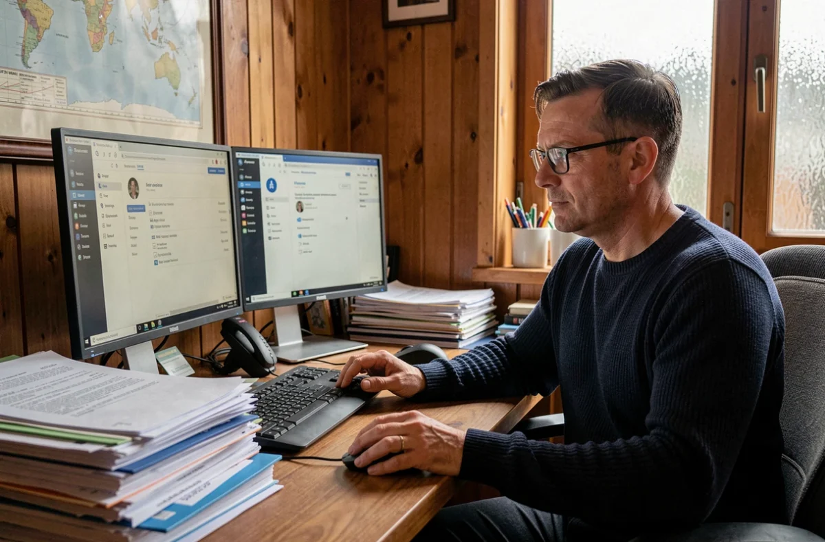 Homme comparant deux interfaces de messagerie académique sur un double écran à domicile
