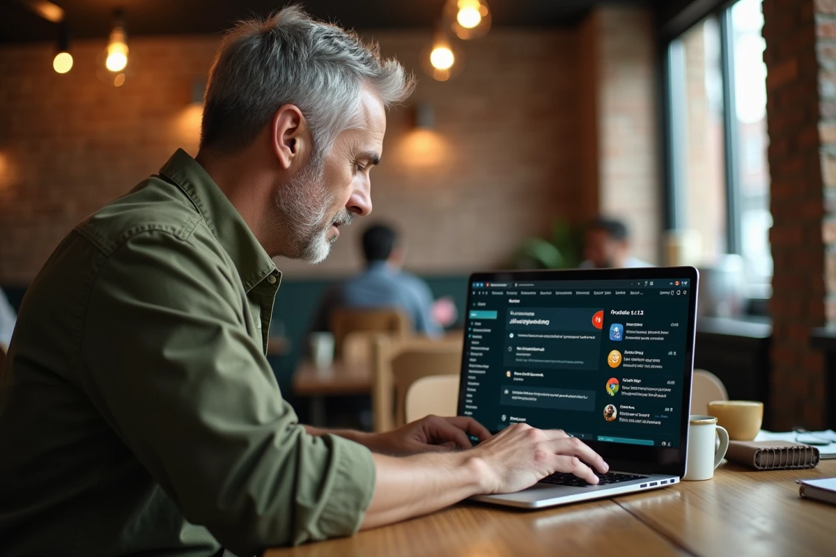 Homme configurant un logiciel système OS sur un ordinateur portable dans un café