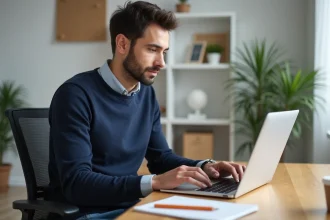 Homme en train de configurer ses emails sur un ordinateur portable dans un bureau moderne