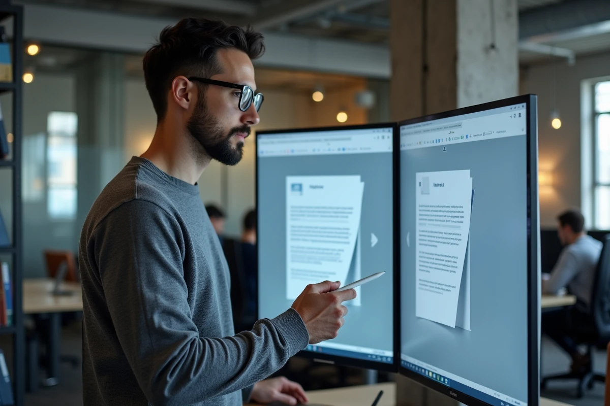 Homme utilisant un logiciel de conversion PDF vers Word dans un environnement de bureau professionnel