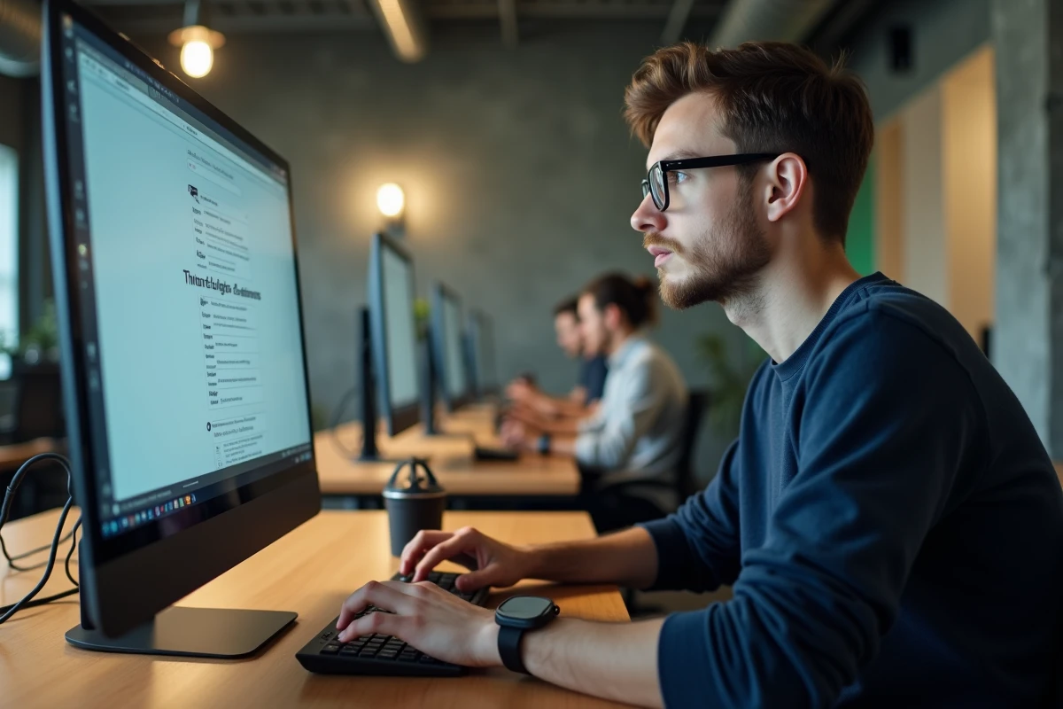 Homme en espace de coworking consultant Discord sur un grand écran pour apprendre le formatage de texte en italique