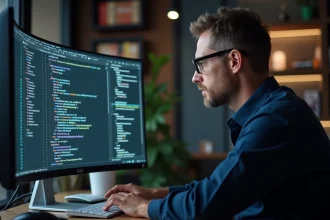 Homme en bureau regardant un code Silverlight