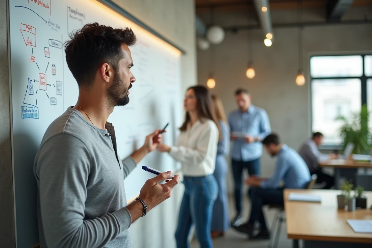 Homme expliquant le fonctionnement de Puixudosvisdacize devant un tableau blanc dans un espace de travail collaboratif